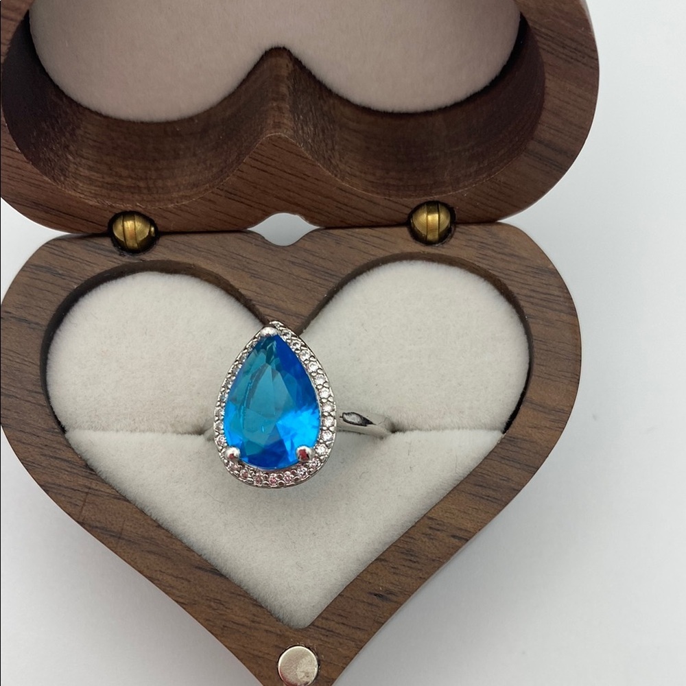Teardrop Blue Gemstone Cocktail Ring with Crystal Halo • Silver Tone - Picture 3 of 12